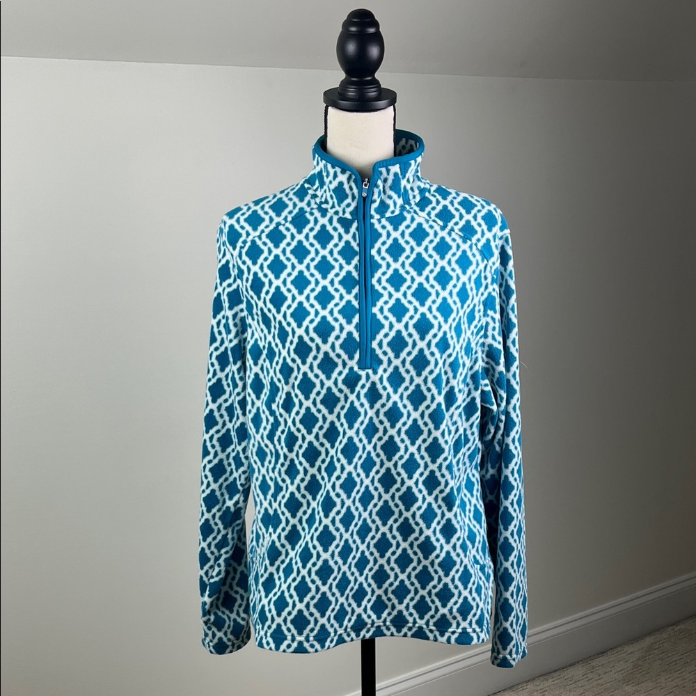 Lands’ End Women’s 14-16 Teal White Geometric Quarter Zip Fleece Pullover
